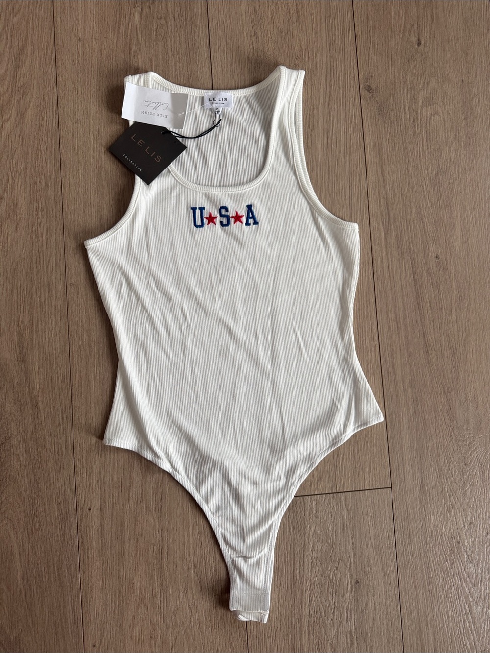 Le Lis White Ribbed USA Embroidered Kids One-Piece